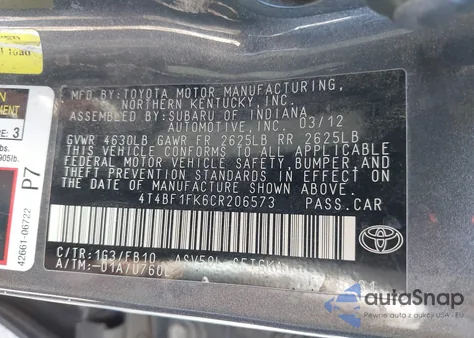 2012 Toyota Camry Xle из США, поврежденный, VIN 4T4BF1FK6CR206573